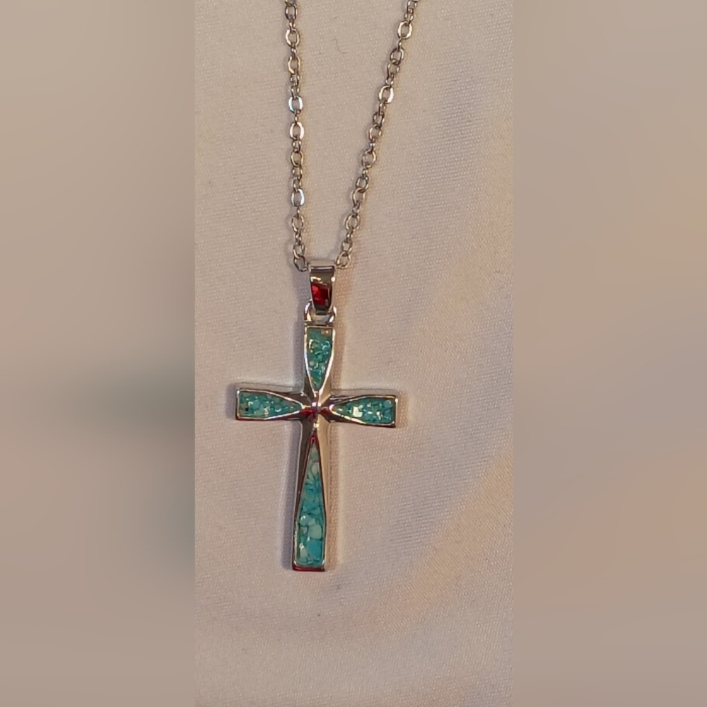 Silver and Turquoise Cross Pendant Necklace